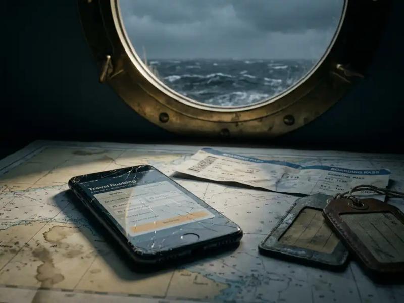 Cracked smartphone displaying a travel booking app resting on a worn nautical chart with scattered boarding passes and luggage tags, stormy ocean through a porthole.