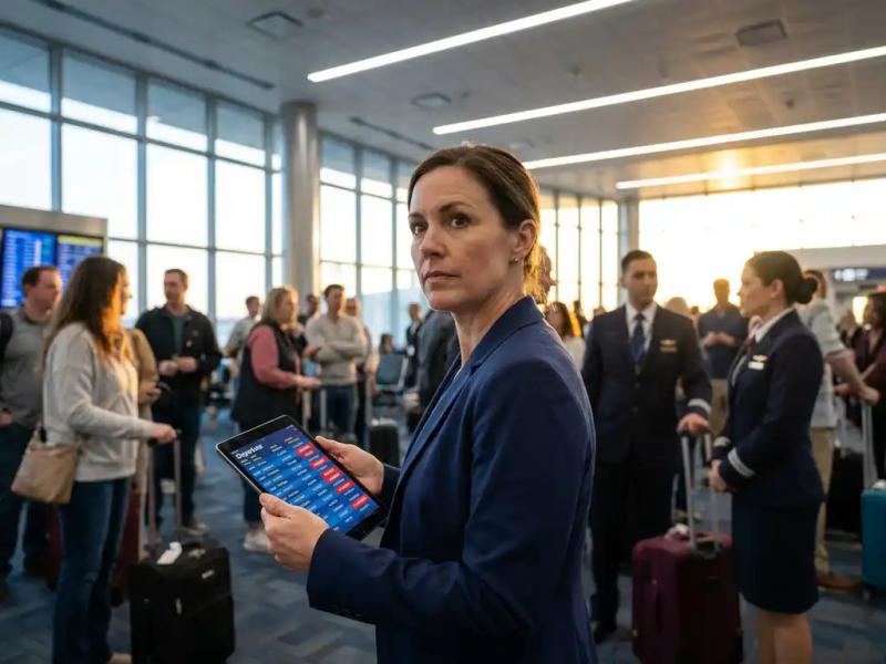 Flight operations manager reviewing live departure boards on tablet at busy airport gate during disruption, crew and luggage visible behind.