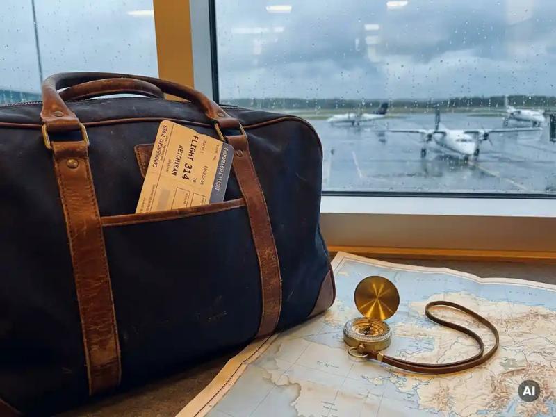 Worn leather travel bag and boarding pass on a weathered map with compass, rain-streaked terminal window and turboprop aircraft beyond.