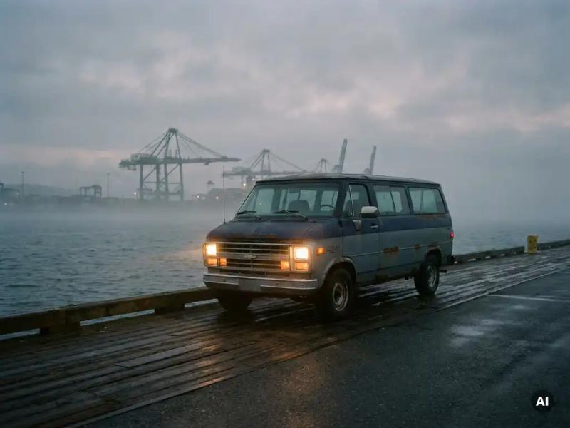 Weathered crew transport van on a foggy dock at dawn, cargo cranes rising behind dark water, amber headlights cutting through mist.