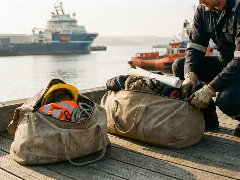 Two maritime crew bags packed with offshore gear on a salt-worn dock, a crew member crouching nearby, deep-sea vessel in background.