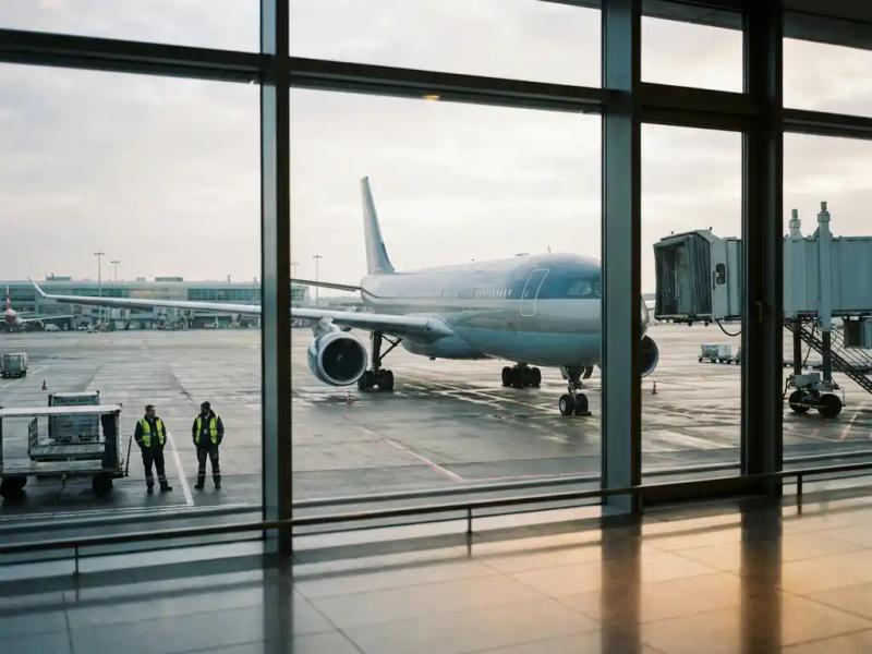 Commercial aircraft parked at an empty airport gate, idle ground crew beside the jet bridge, soft overcast light through terminal windows.