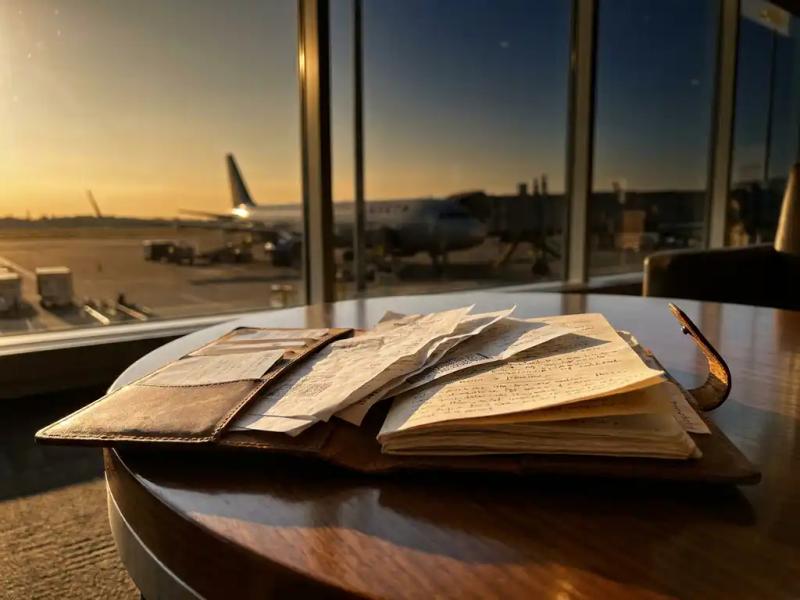 Leather travel expense folder with boarding passes and hotel receipts on airport lounge table, commercial aircraft visible through floor-to-ceiling window in golden afternoon light.