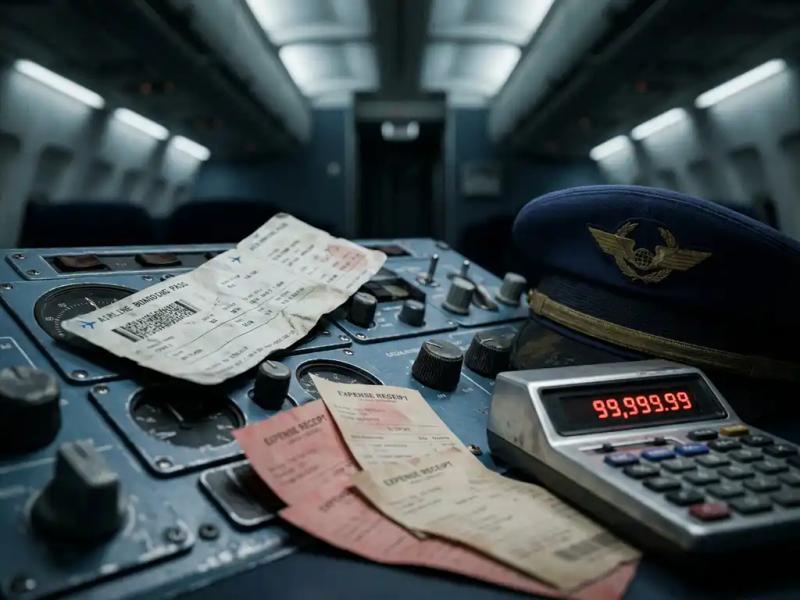 Crumpled boarding pass and expense receipts scattered across a cockpit instrument panel beside a captain's hat and calculator in dim cabin lighting.