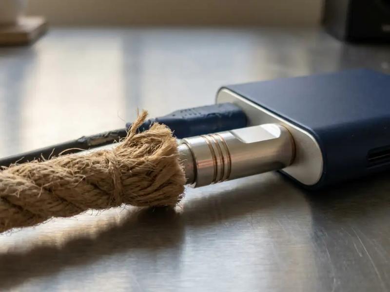 Weathered nautical-rope cable and precision aluminum connector plug side by side on polished steel, both linking into a compact travel management hub.