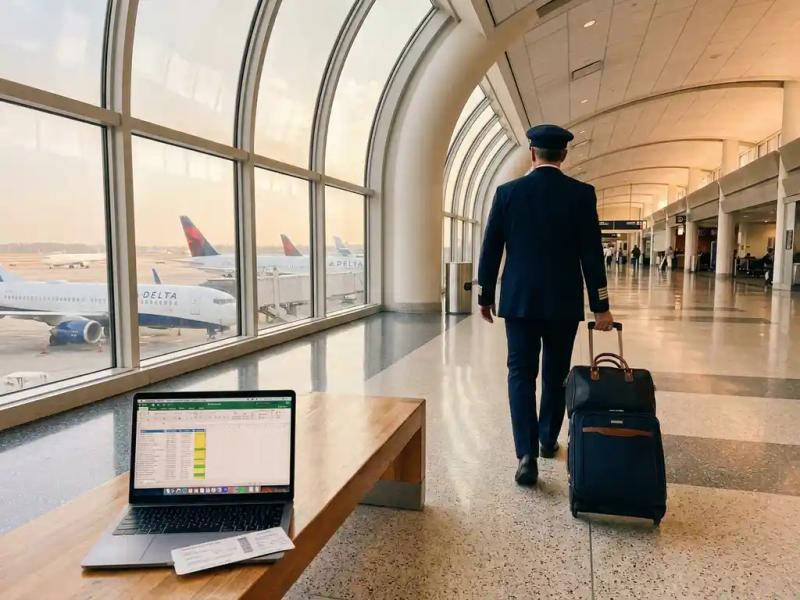 Airline crew member pulling rolling suitcase through airport terminal, departure gates and aircraft visible through floor-to-ceiling windows.