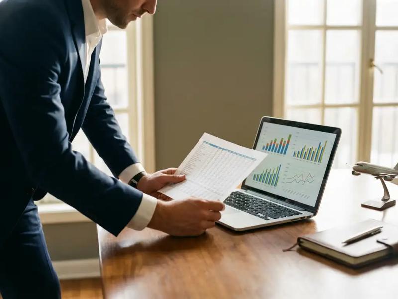 Financial analyst reviewing travel expense spreadsheet at executive desk with laptop displaying bar charts and a model airplane nearby.