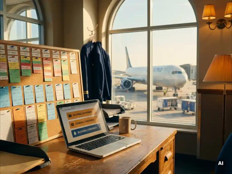 Color-coded crew planning board beside a laptop showing real-time booking confirmations, with a commercial aircraft visible through the terminal window.