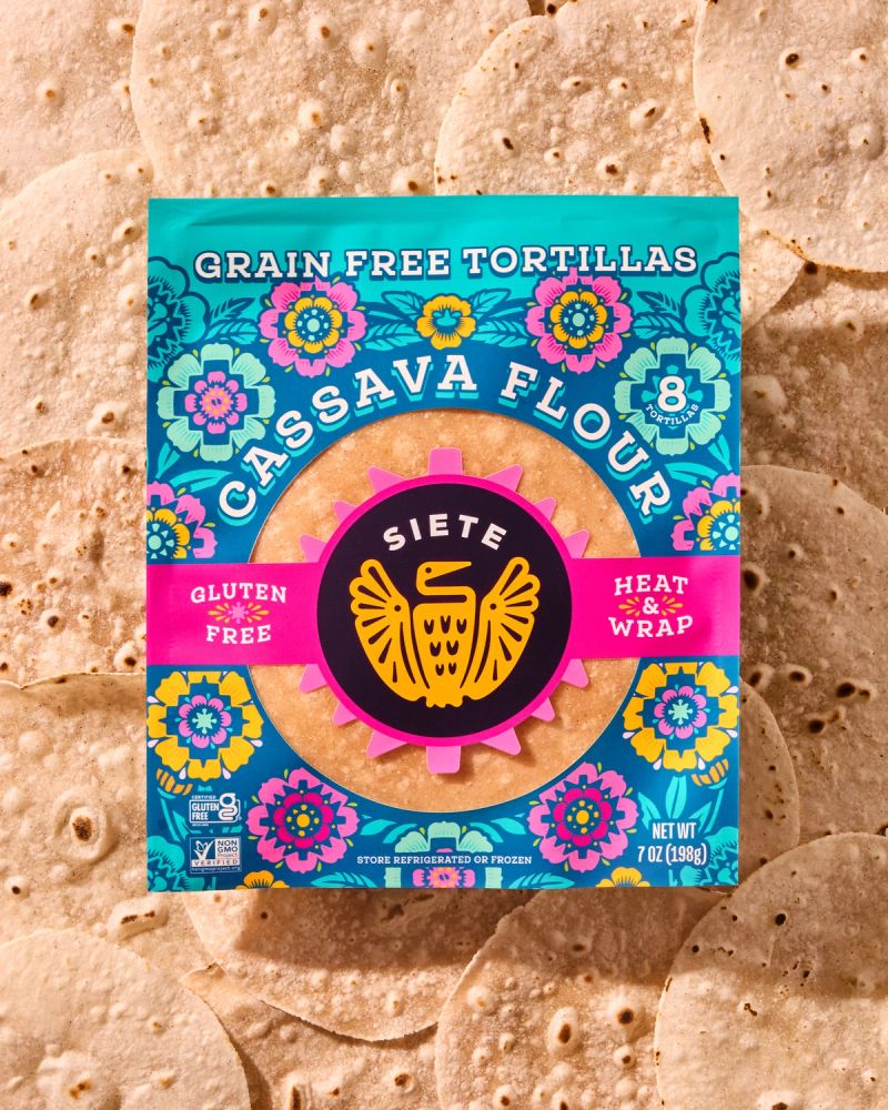 package of cassava tortillas laying flat on a background of tortillas
