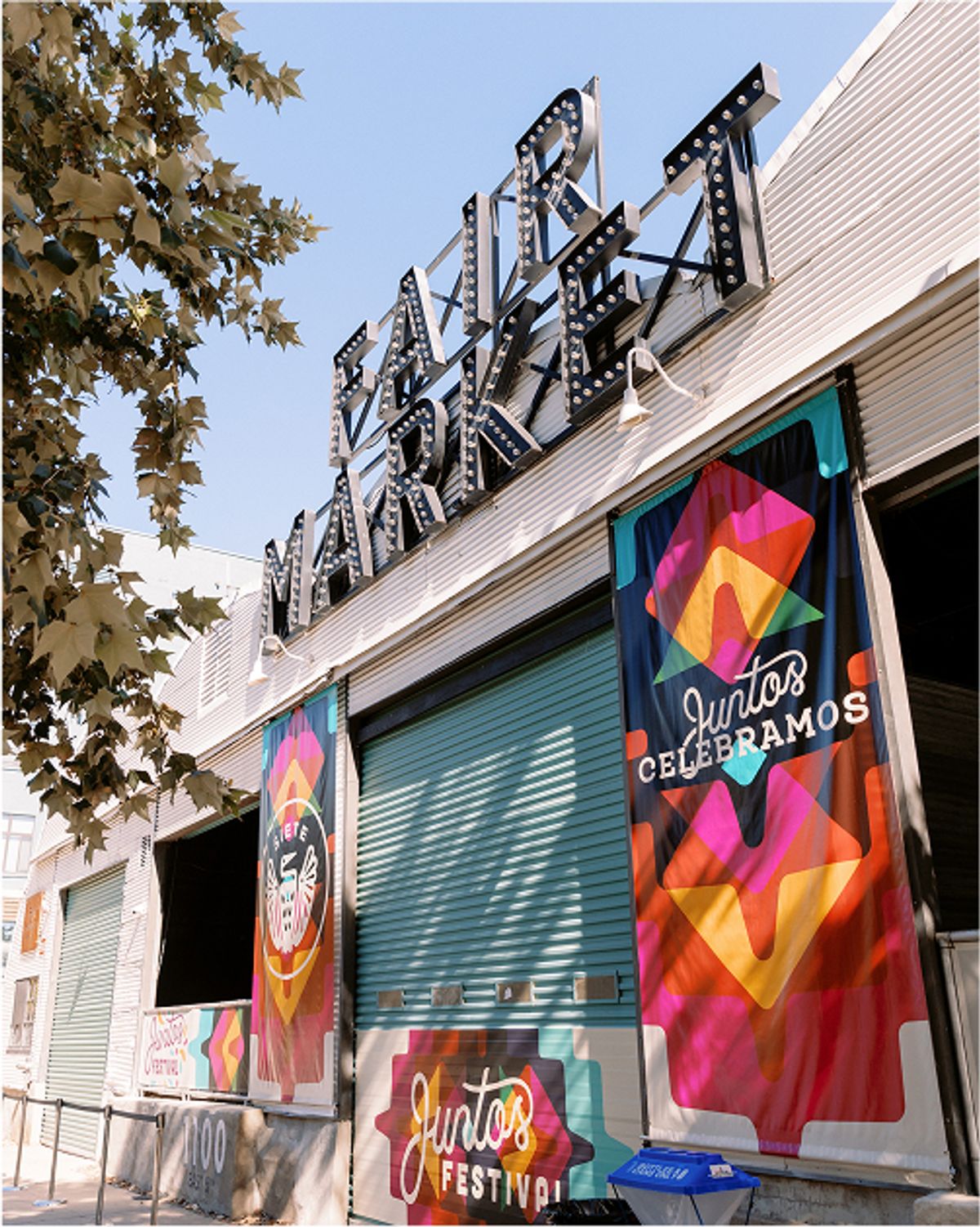 The front of the Fair Market hall hung with Siete banners.