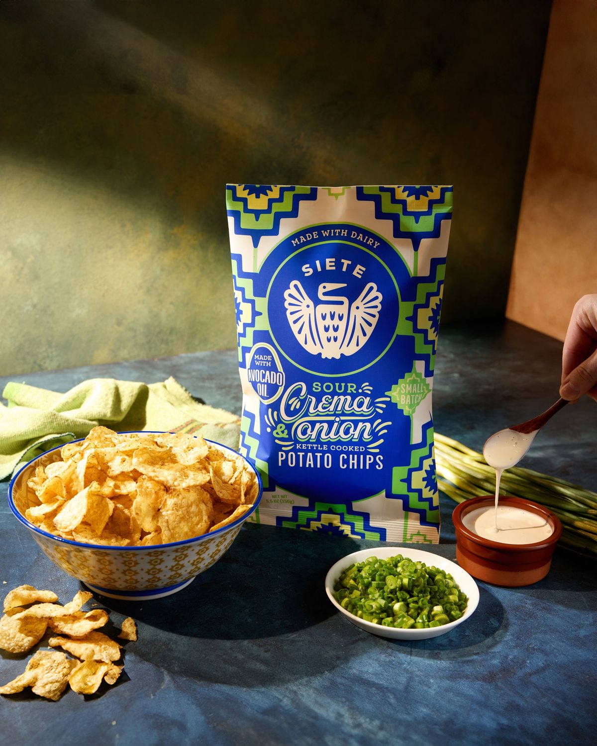sour crema onion chips with package and dip