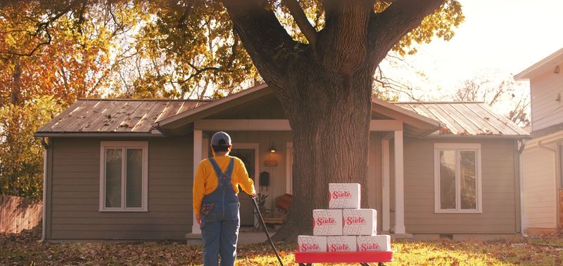 kid with wagon of small batch boxes in front of house