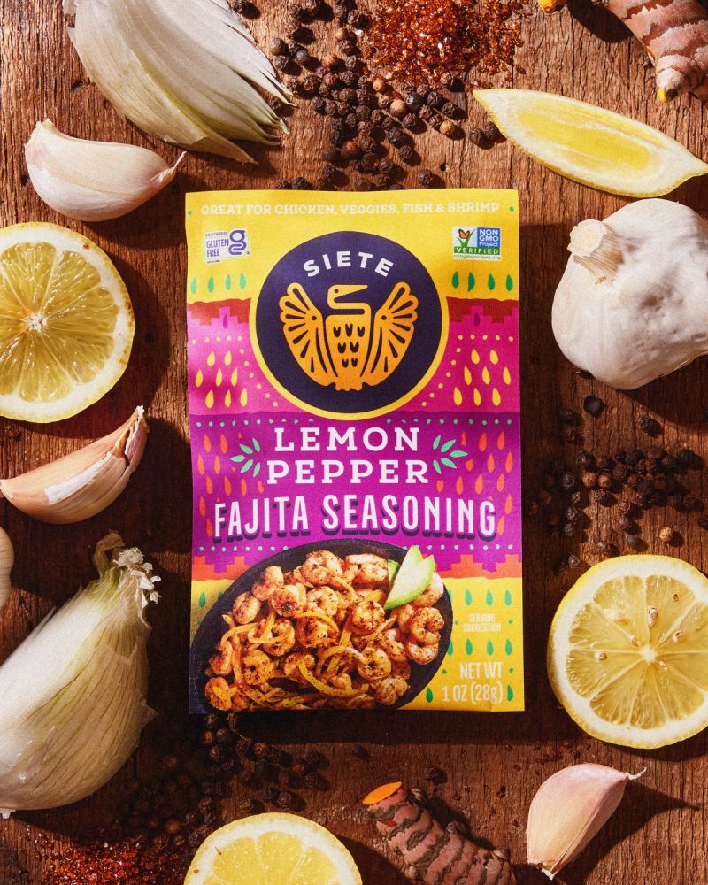 A package of Lemon Pepper fajita Seasoning alongside fresh ingredients.