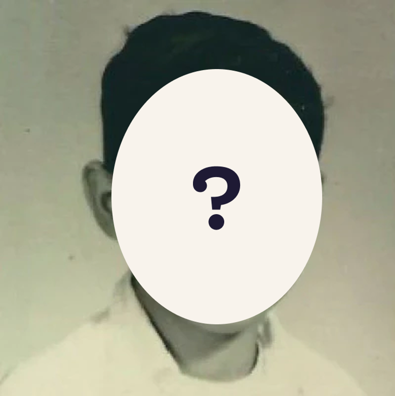 A headshot with a question mark over the face
