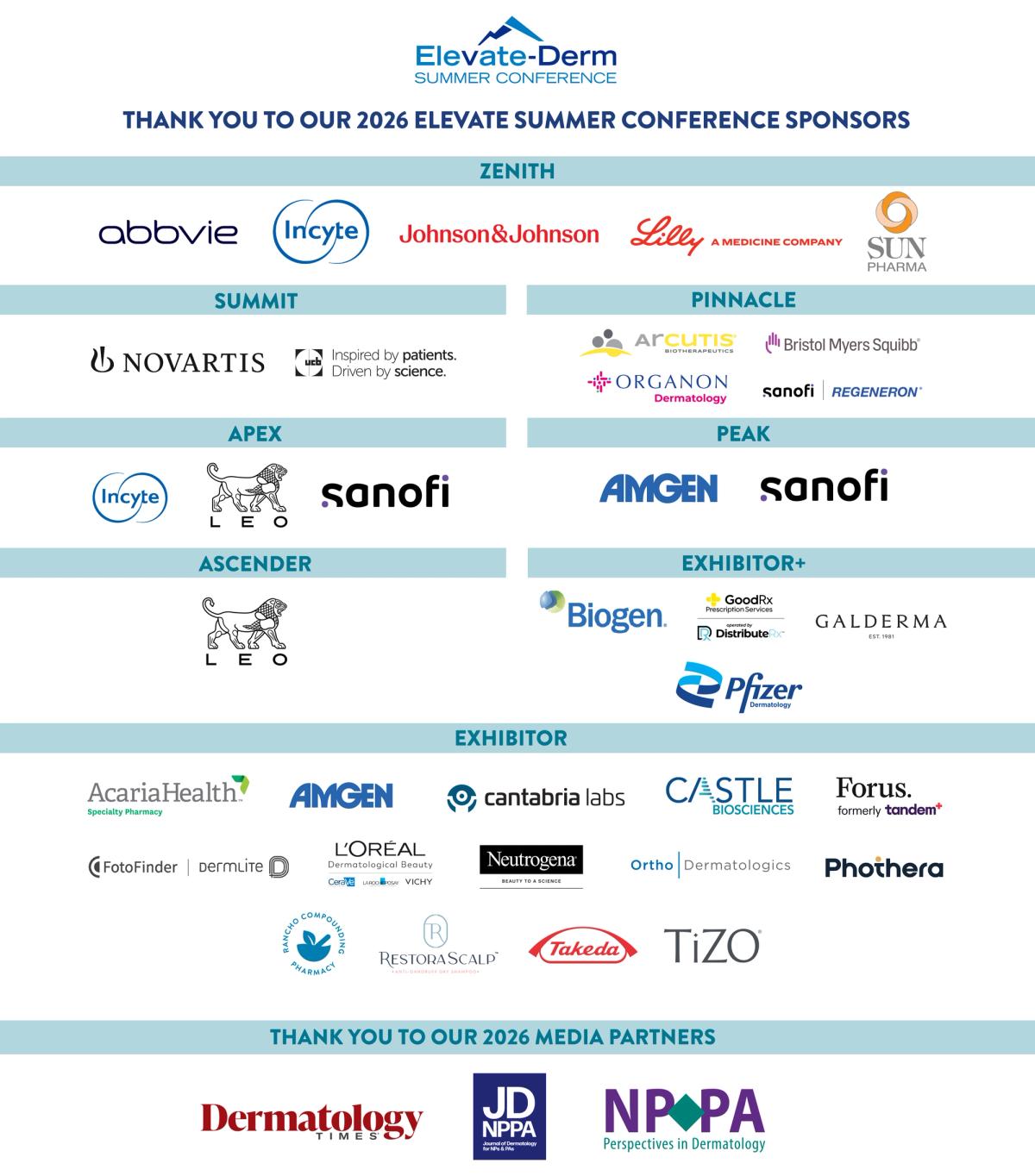 2026 Elevate-Derm Summer Sponsors & Exhibitors | Sponsor Recognition