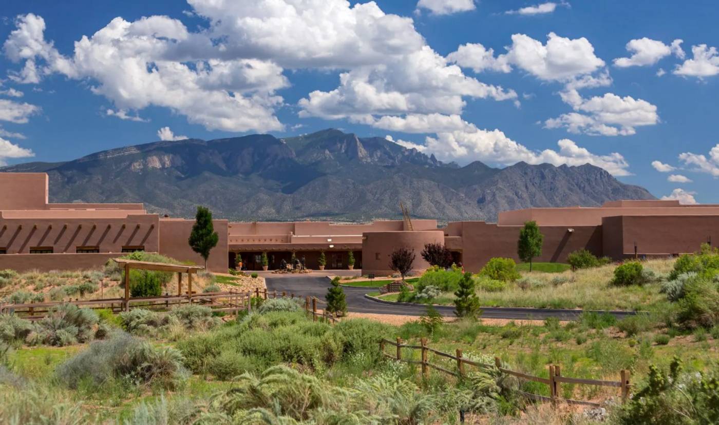 Hyatt Regency Tamaya adobe buildings beneath the Sandia Mountains
