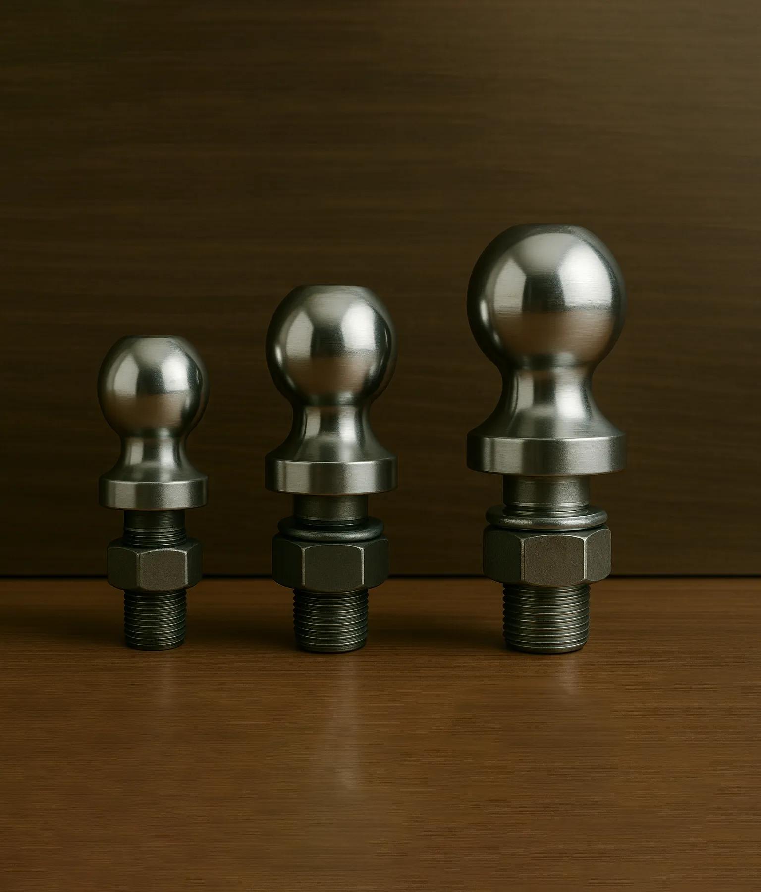 Studio photo of three trailer hitch balls of increasing size lined up in a row on a wooden surface