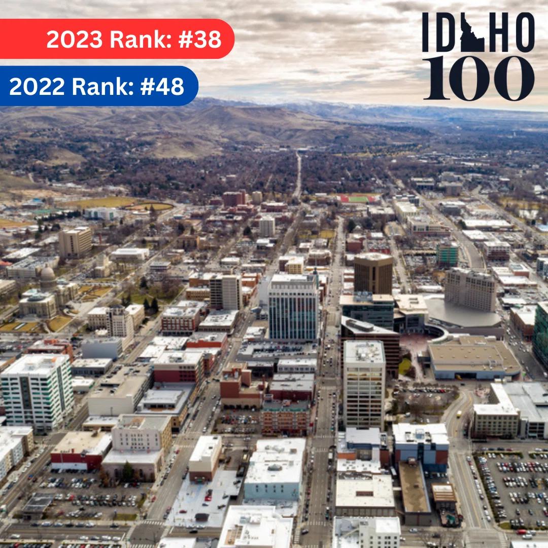 Aerial view of downtown Boise with mountains in the distance, marked with '2023 Rank: #38' and 'Idaho 100' graphics