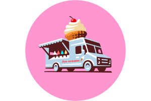 Cartoon clipart of a light-blue ice cream truck topped with an oversized soft-serve cone on a pink background