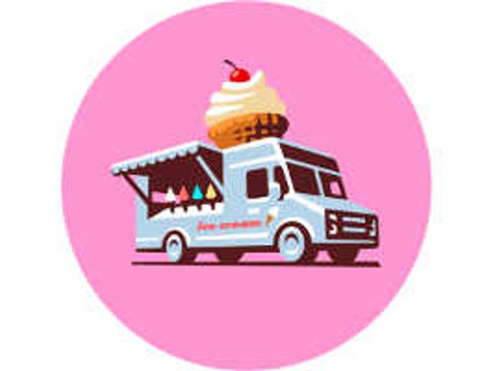 Cartoon clipart of a light-blue ice cream truck topped with an oversized soft-serve cone on a pink background