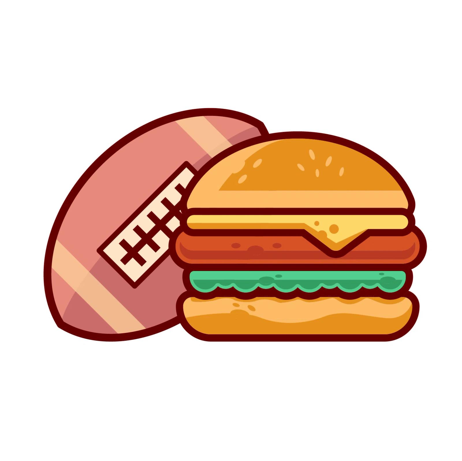 Cartoon clipart of a football leaning against a stacked cheeseburger with cheese, lettuce, and tomato