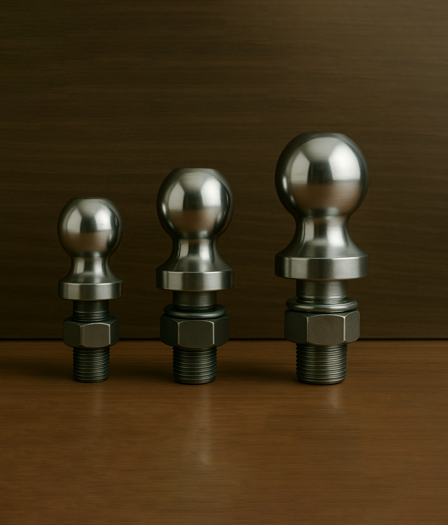 Studio photo of three trailer hitch balls of increasing size lined up in a row on a wooden surface