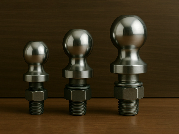 Studio photo of three trailer hitch balls of increasing size lined up in a row on a wooden surface