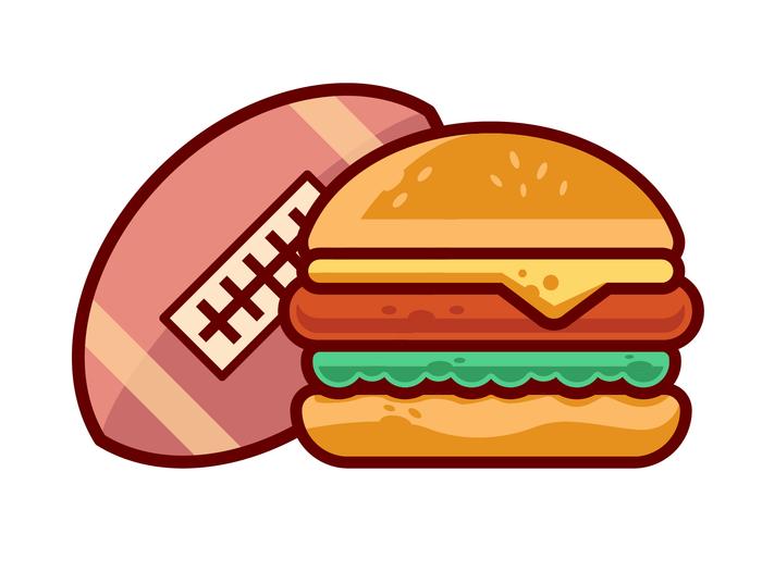 Cartoon clipart of a football leaning against a stacked cheeseburger with cheese, lettuce, and tomato