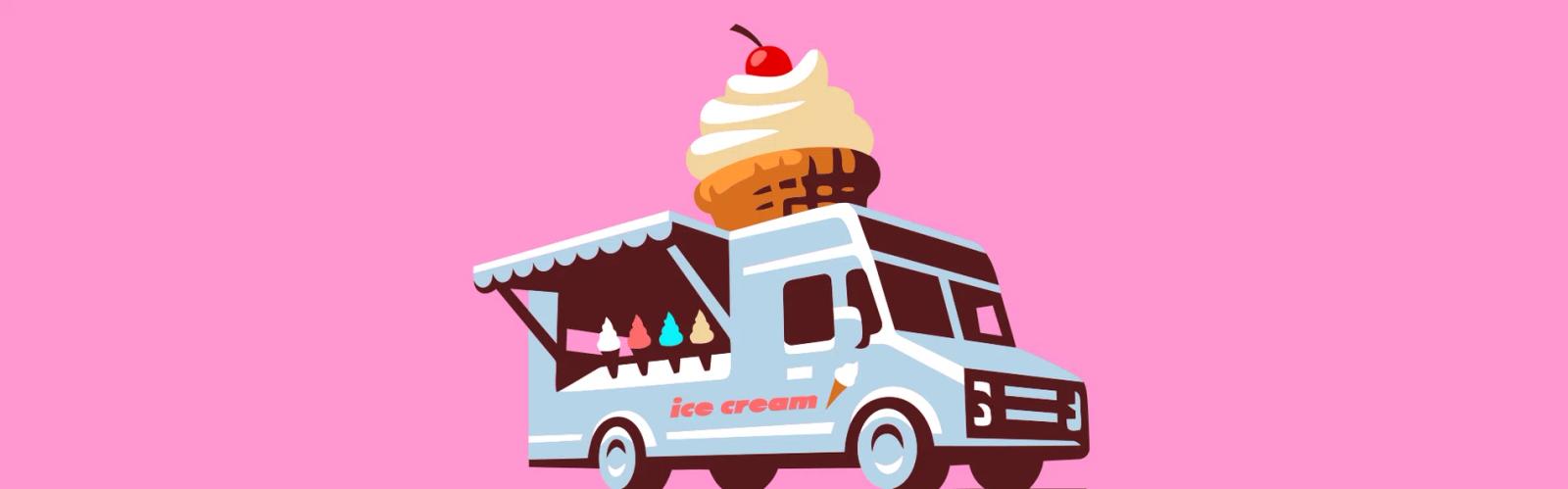 Cartoon clipart of a light-blue ice cream truck topped with an oversized soft-serve cone on a pink background