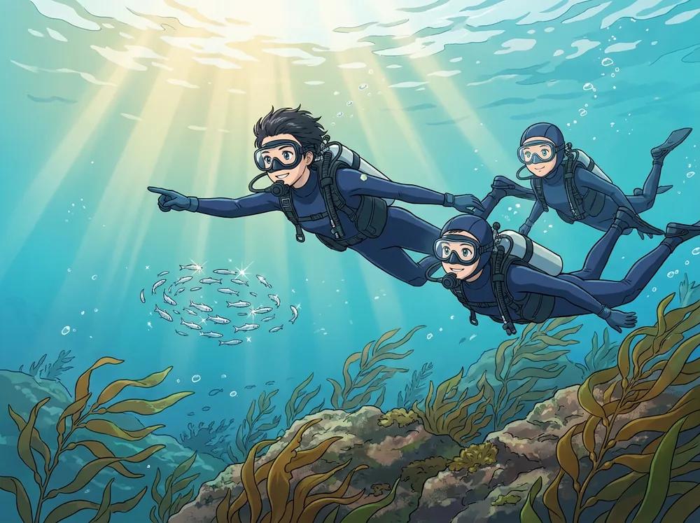三浦の海でボートダイビングを楽しむダイバーたちと水中の岩場の風景