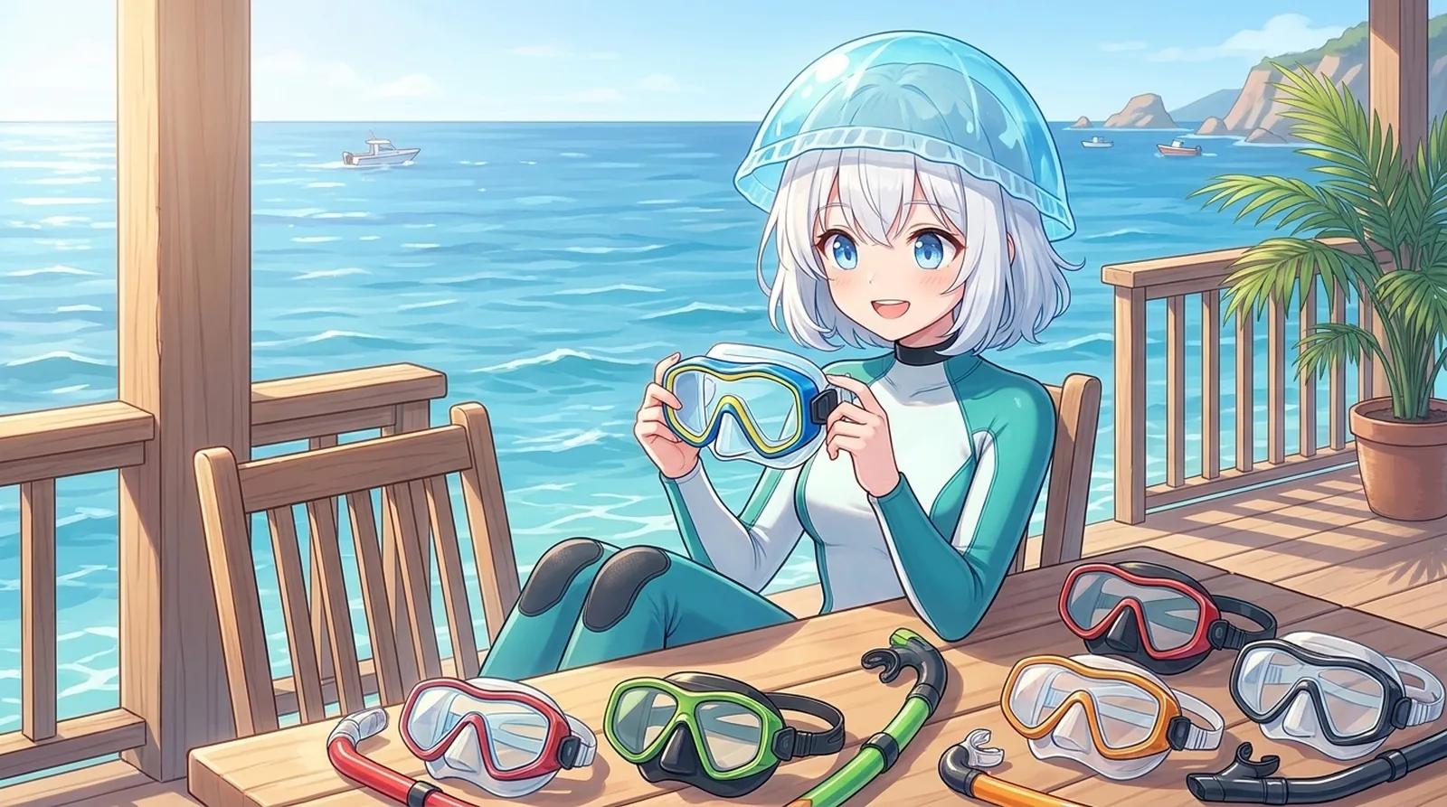 三浦の海を眺めながらダイビング器材のマスクを選ぶ様子