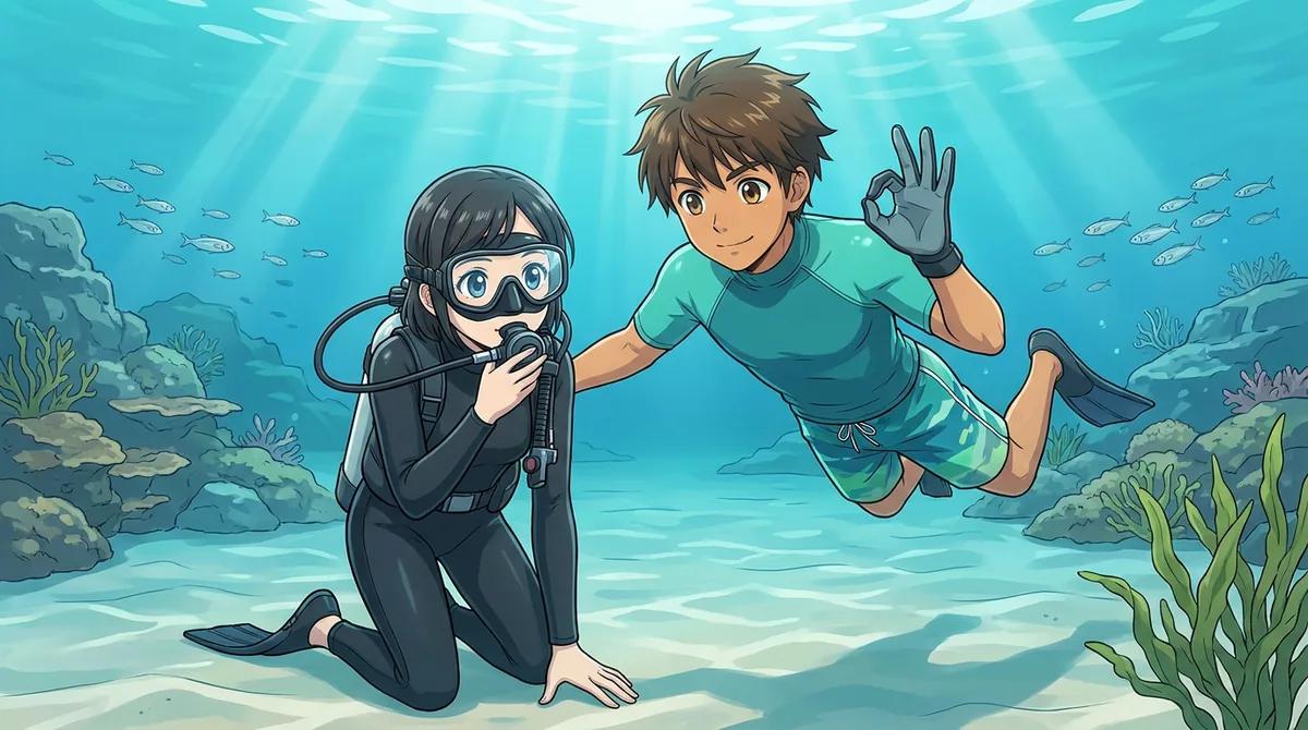 三浦・城ヶ島の海で講習を受ける初心者ダイバーとインストラクター