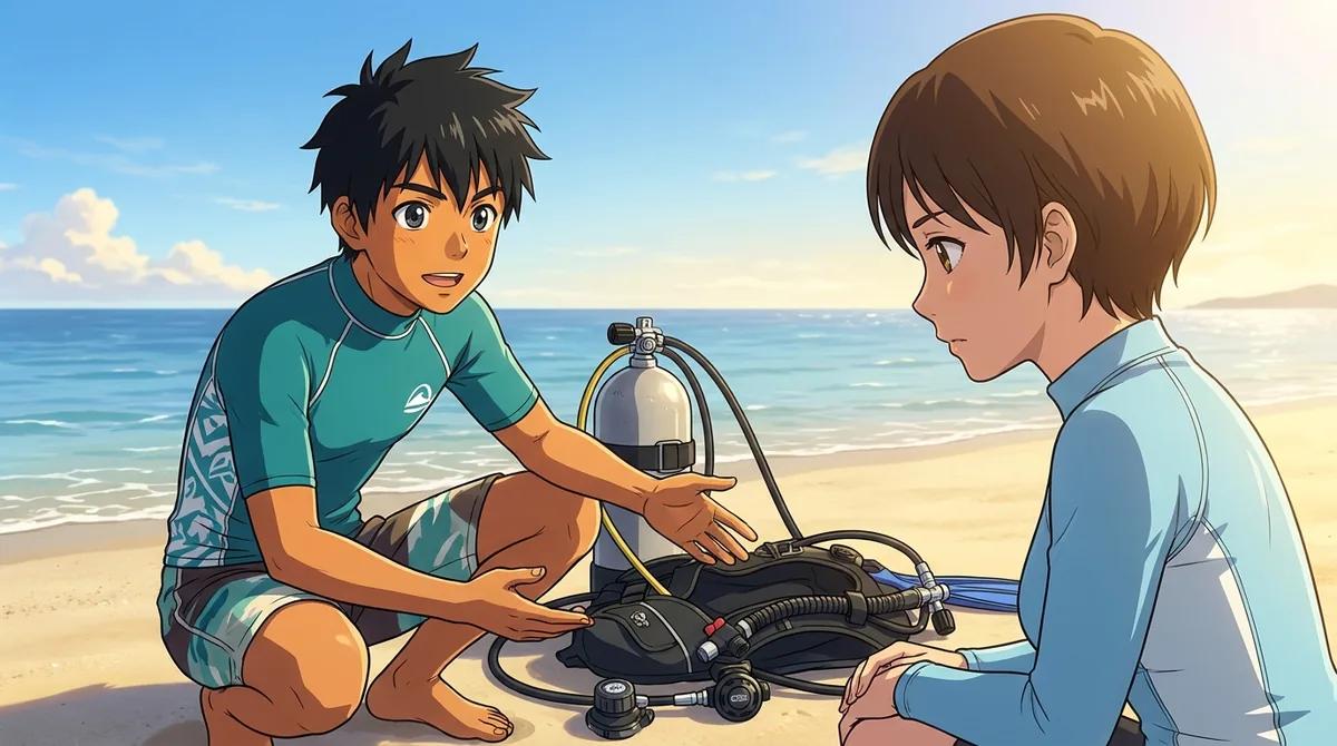 三浦のビーチでオープンウォーター講習の説明を受けるダイバー