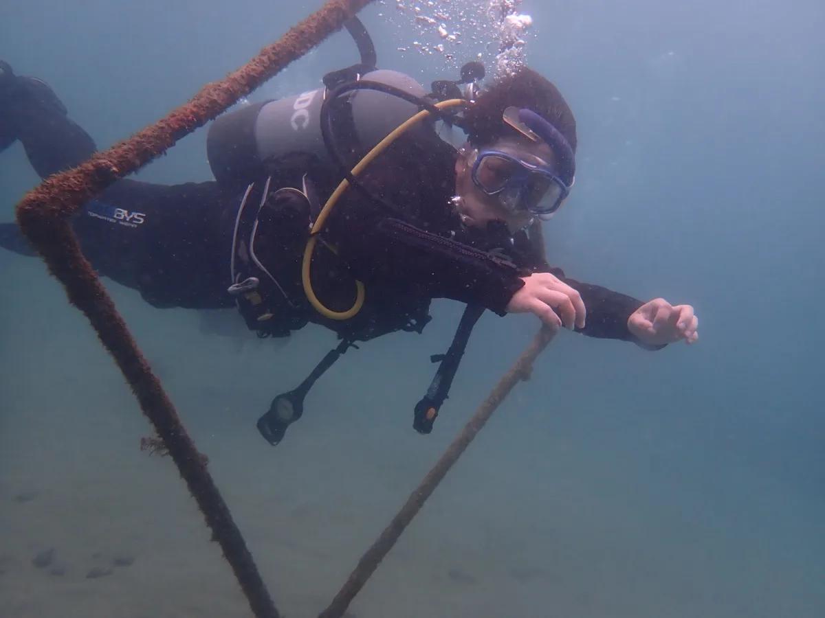 三浦の海で中性浮力を保ちながら泳ぐアドバンス講習中のダイバー
