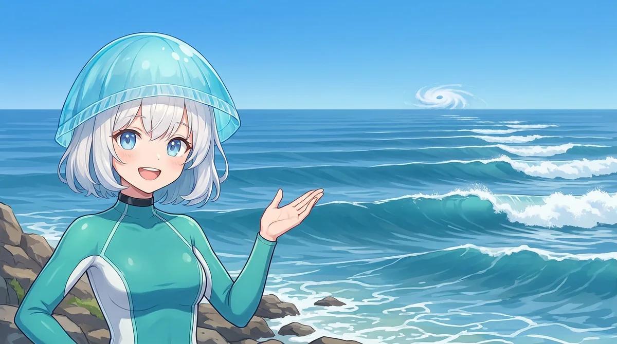 台風のうねりが到達する仕組みを説明する、三浦 海の学校のダイビングガイドキャラクター