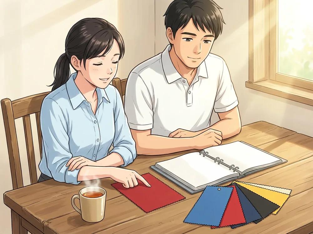 ダイバーがカタログと生地サンプルを見ながらドライスーツを選んでいる様子