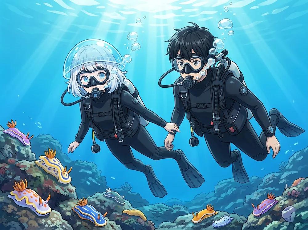 冬の澄んだ三浦の海で、インストラクターと並んでゆっくり泳ぐダイバーのイラスト