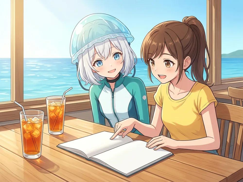 潜れない日に、次に潜る日程を友達と一緒に決めているダイビングガイド