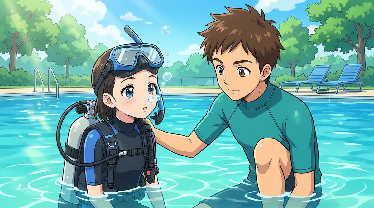 プールでマスククリアを練習する子どもとインストラクター。三浦のダイビングライセンス講習の基本練習