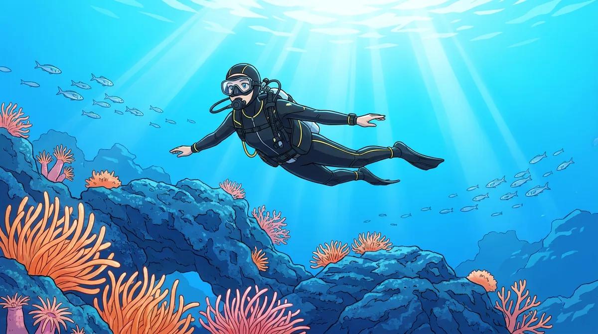 透き通った冬の三浦の海をドライスーツで潜るダイバー