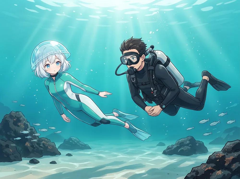 三浦の海で姿勢を保って泳ぐダイバーのイラスト