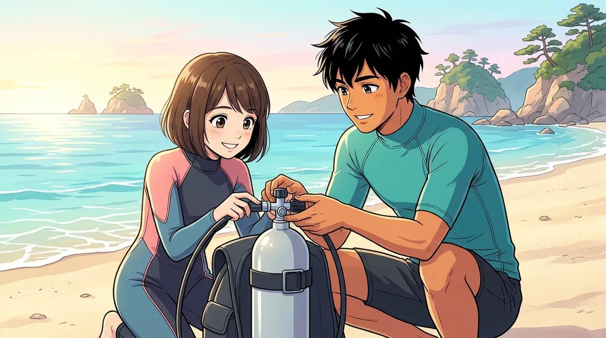 Cカードを取得したばかりのダイバーが三浦の海のビーチでインストラクターと器材をセットしている場面