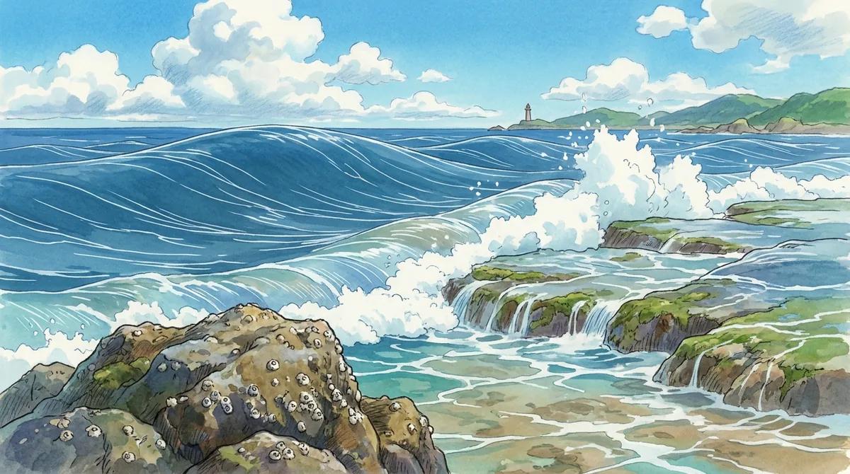 長い周期のうねりが規則正しく岸に押し寄せ、浅場で立ち上がって白く崩れる三浦半島の海