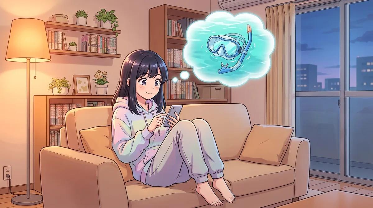 自宅でくつろぎながら、スマホでダイビングの疑問をAIに相談しているイメージ
