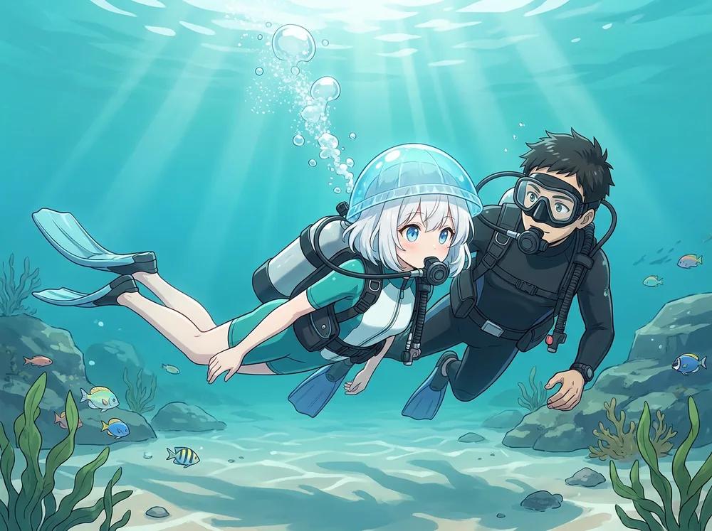 三浦の海で中性浮力をとりながらインストラクターと潜る初心者ダイバー