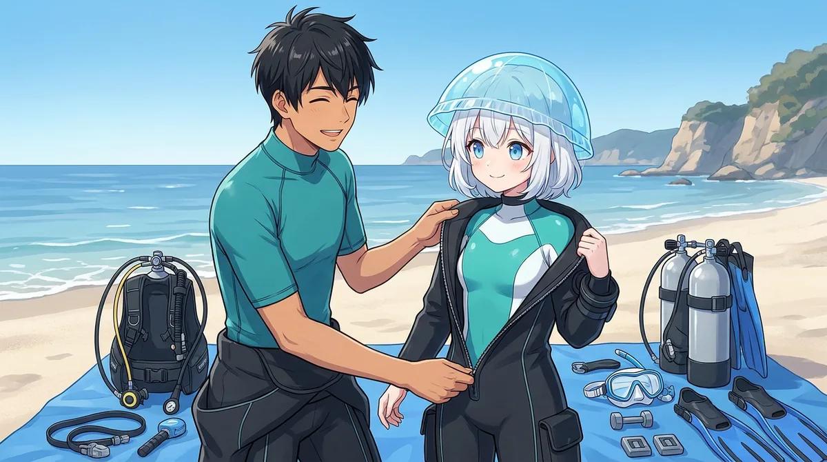 冬の三浦の浜辺で、インストラクターに手伝ってもらいながらドライスーツを着るダイバーのイラスト