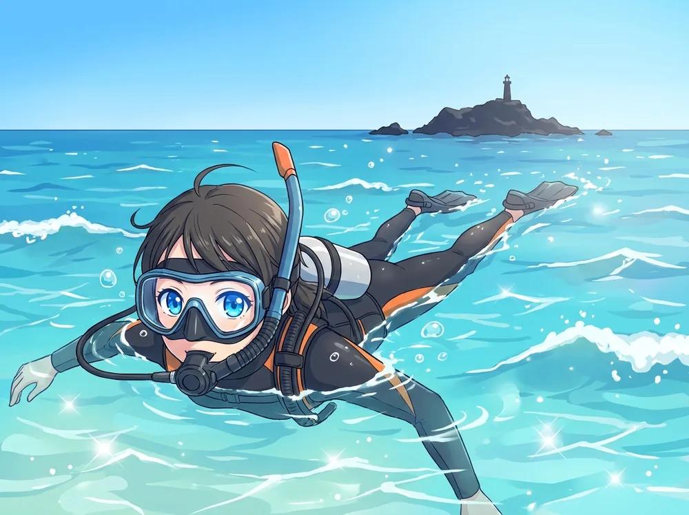 スノーケルで呼吸しながら水面を移動するダイバー