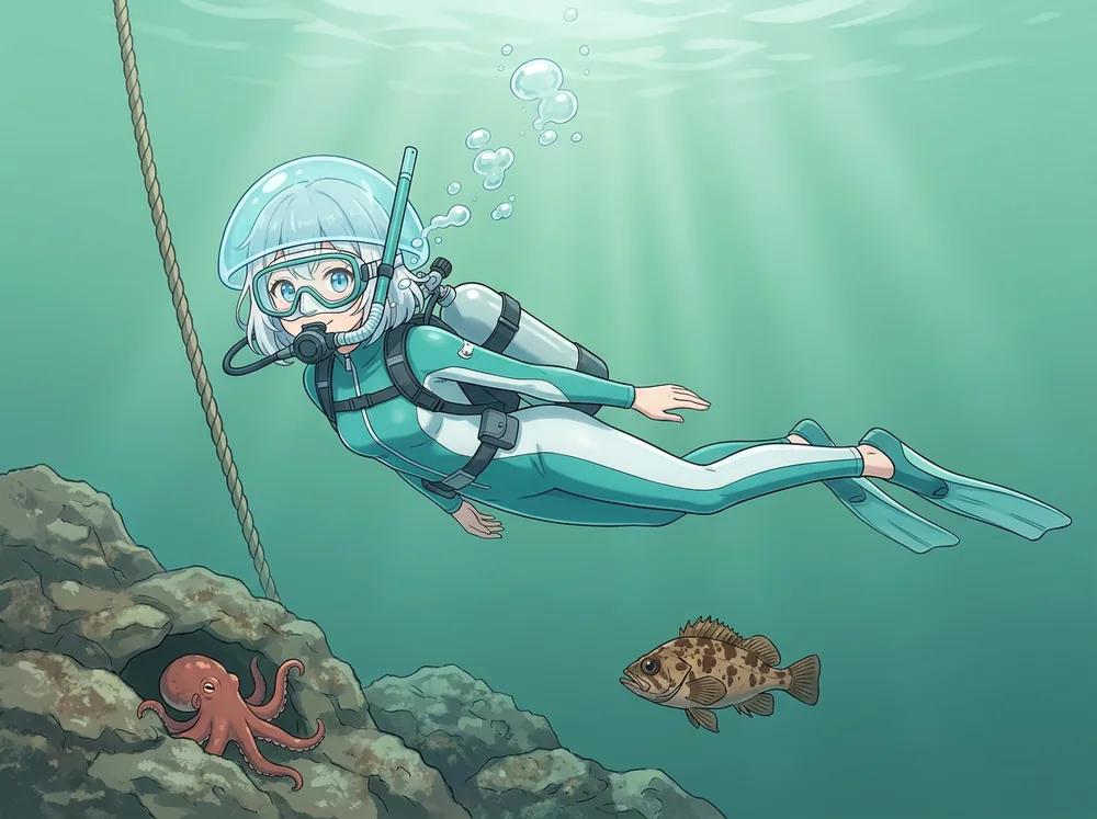 ロープ下で中性浮力の練習をするダイバーと、三浦の海のタコ・メバルのイラスト
