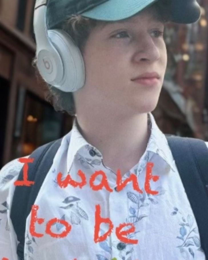 Halen, a teenage boy wearing a floral shirt, baseball cap, and Beats headphones, walks along a city street with a backpack. Text overlay reads "I want to be..."