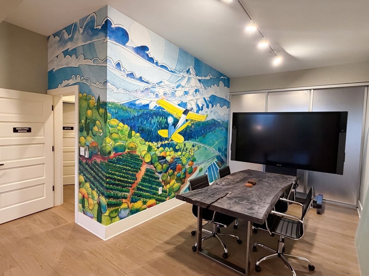 Meeting space with an aviation and vineyard mural